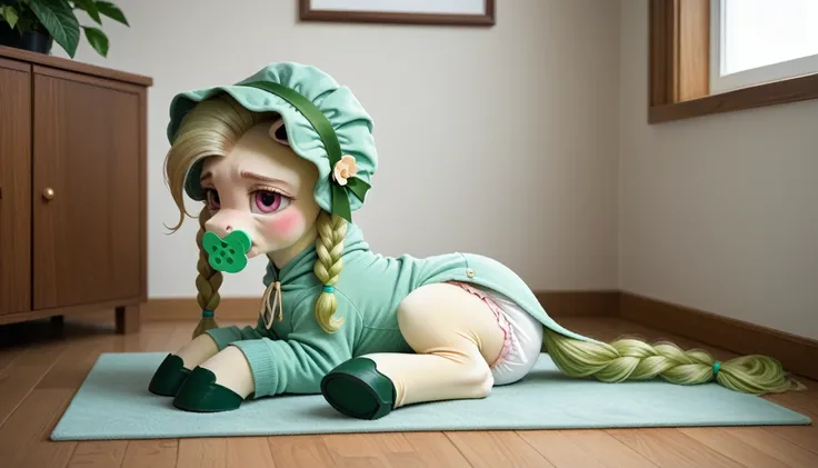 pony, beige earth pony, no horn, no wings, adult mare, lush mane braided, bushy tail, sitting in the room on a soft play mat, dressed in green onesie, light green bonnet and green booties, green pacifier in mouth, solo, thick light green diaper under cloth...