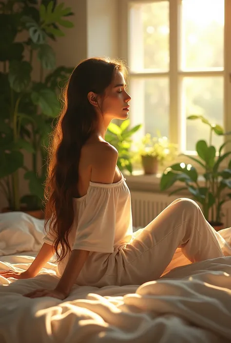 (photorealism:1.2), beautiful woman, sitting on bed, wearing loose off-shoulder top, pajama pants, long  hair, indoors, plants in background, window with sunlight, cozy room, relaxed pose, realistic, intricate details, warm colors, by Greg Rutkowski, by Al...