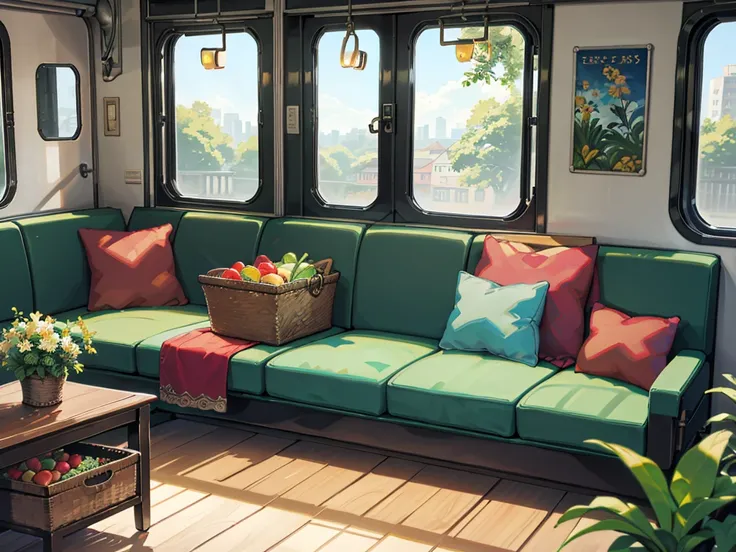 Train carriages, sofas, with books and backpacks placed on the sofas; A basket of fruits on the dining table, luggage placed on the floor, and green plants hanging from the window, bright and colorful