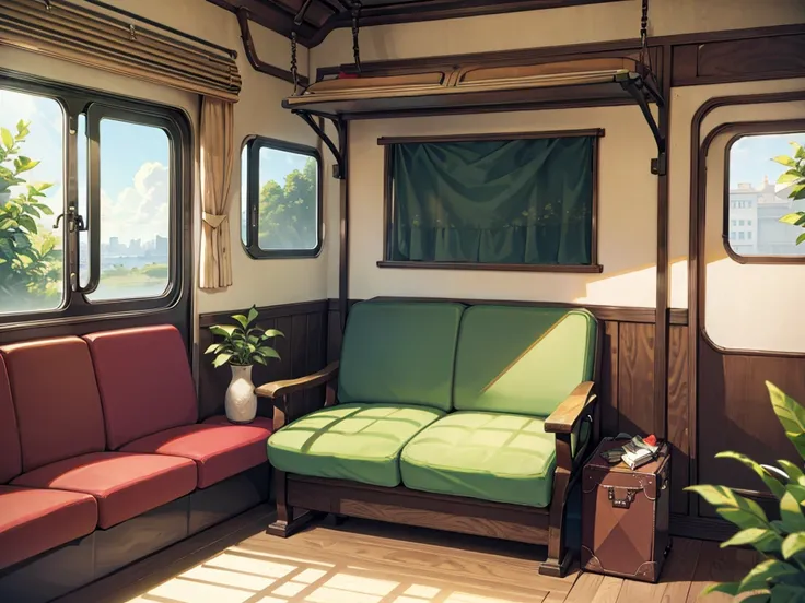 Train carriages, sofas, with books and backpacks placed on the sofas; A basket of fruits on the dining table, luggage placed on the floor, and green plants hanging from the window, bright and colorful