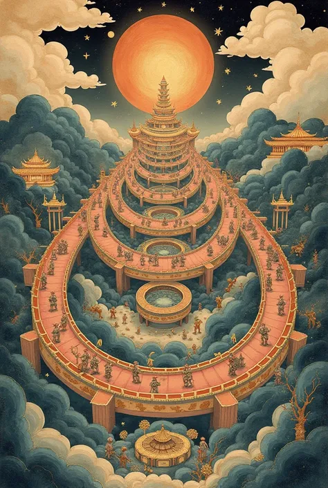 A huge spiral in the center of the picture, Dunhuang murals arranged along the spiral, auspicious clouds around the spiral, brigades arranged along the spiral, perspective, Dunhuang murals, exquisite, fine, rock color plate painting, watercolor rendering, ...