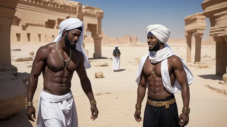 A black slave wearing a white turban is having a large stone hit on his chest, people around him are laughing, the setting is in Arabia