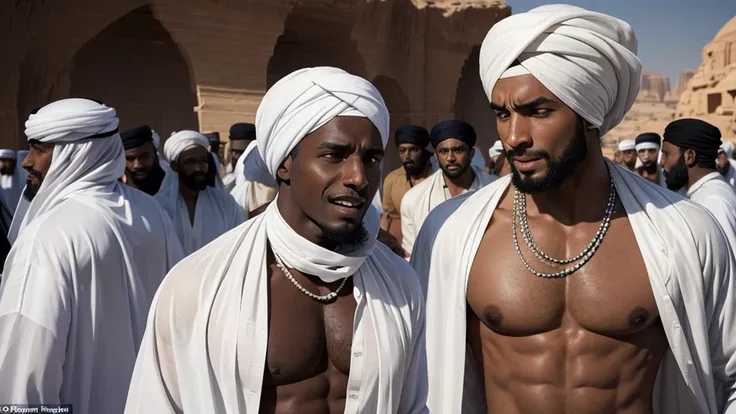 A black slave wearing a white turban is having a large stone hit on his chest, people around him are laughing, the setting is in Arabia