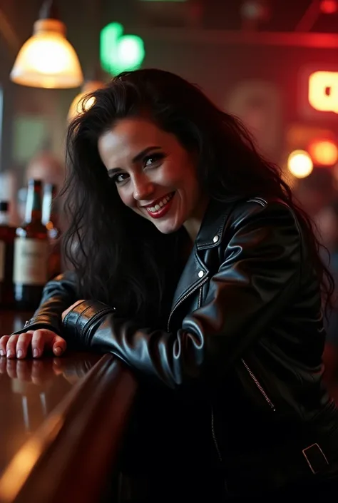 Evil Woman, black leather jacket, she is leaning against the bar counter, looking at us and smiling bewitchingly, (fangs, the eyes of a wild beast:1.5),