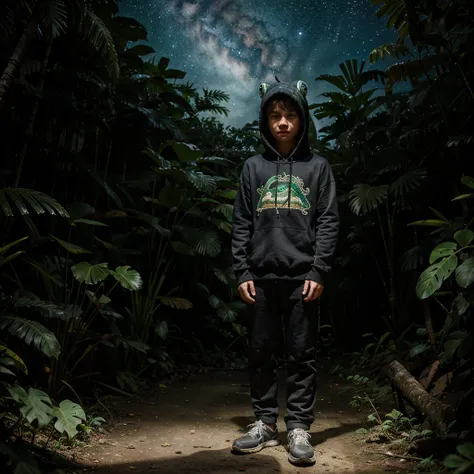 Boy in frog hoodie stand in the rainforest at night with star sky