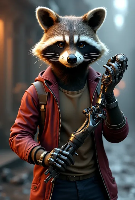 1 male raccoon humanoid, Rocket Raccoon from Guardians of the Galaxy, holding a severed robot leg, text "Now we have everything to fix it", detailed cyberpunk style, detailed mechanical design, high quality 3d render, cinematic lighting, dramatic pose, int...