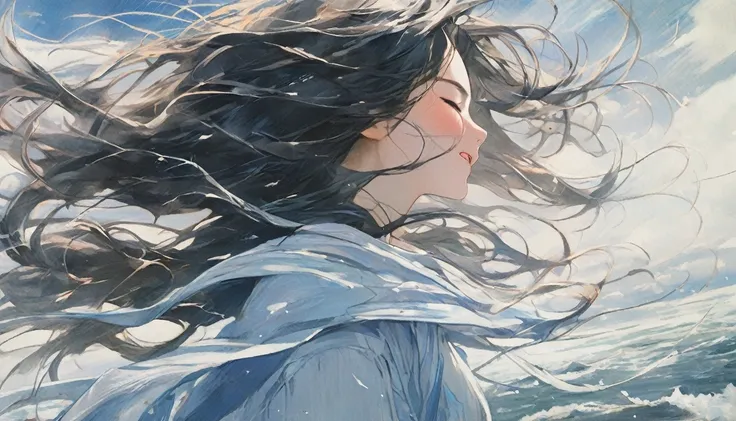 a close up view of a girl with her hair blowing in the wind, 1girl, long hair, solo, upper body, closed eyes, long sleeves