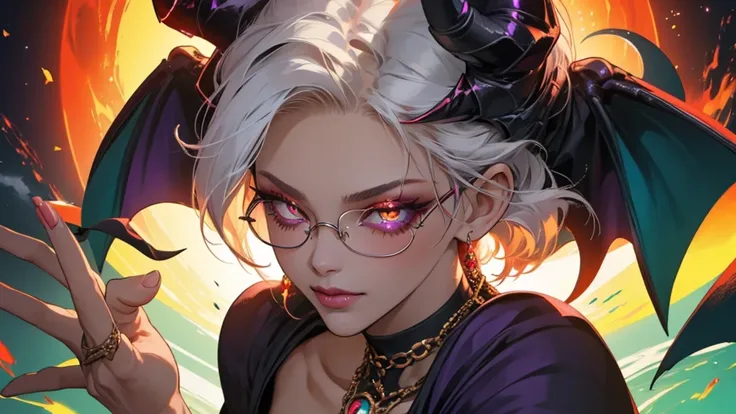 8k, masterpiece, best quality, highly detailed, 1 girl, tiefling, warlock, pixie cut, multicolored hair, very short straight hair red highlight hair on white hair, strippled hair, wearing glasses, round glasses, earrings, navel piercing, red eyeshadow, lon...