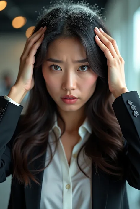 Create an Asian long-haired beauty，Wearing white business attire，Scratching the scalp with both hands，There is a lot of dandruff on the top of the head，White fine dandruff on the top of the head，Fierce and unhappy expression，The characters are realistic an...