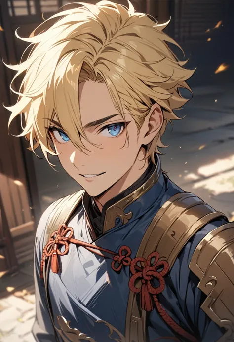 ((best quality)), ((Masterpiece)), (details), young man, blonde hair, blue eyes , handsome face, Tanned skin , Traditional Chinese Armor 