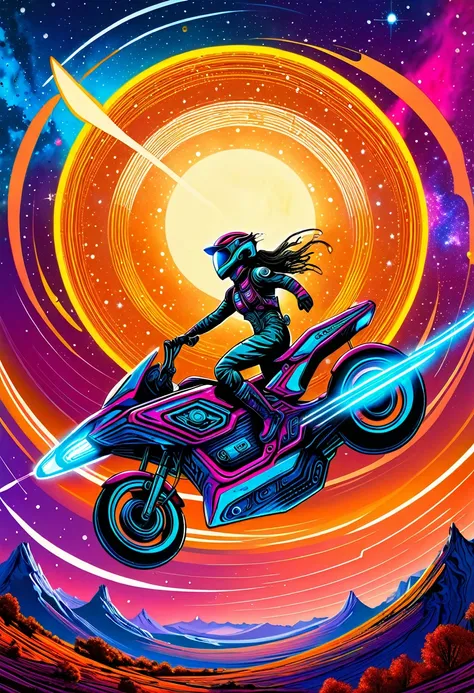 A high quality illustration of a futuristic Star Rider gracefully soaring through the Vure Fall under an Apoca-eclips sky, embodying the spirit of a Pioneer of the Cosmos. Cyberpunk, vibrant colors, dynamic composition, sci-fi concept art, digital painting...