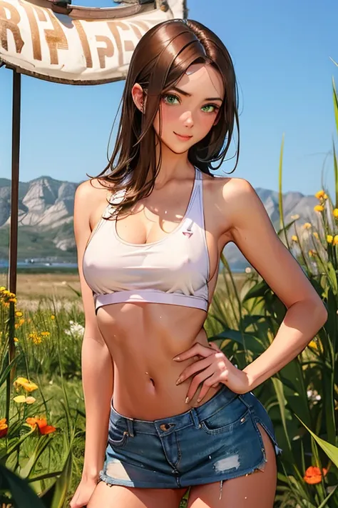 Best Picture, Masterpiece, 4K, High Quality, One Adult
Woman. The woman has brown hair. Her hair is straight, bobbed. Long slit eyes, green eyes,
Model like beauty, perfect proportions. Perfect legs. Perfect arms. Tank top, navel-baring look, tight miniski...