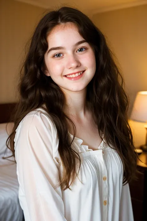 Dark night atmosphere, on roof top, 19 year old girl, smile, living doll youngful face, clear pale white skin, rosy cheeks and lips, big blue eyes, messy wavy hair, very long light golden brown hair, mugshots, wearing nightgown, hotel room , clearly backgr...