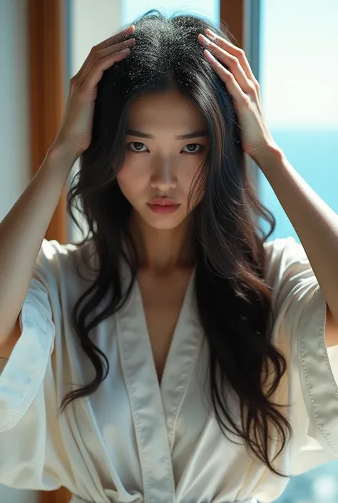 Create an Asian long-haired beauty，Wearing a white satin bathrobe，Scratching the scalp with both hands，There is a lot of dandruff on the top of the head，White fine dandruff on the top of the head，Fierce and unhappy expression，The characters are realistic a...