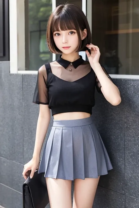 Japanese、middle School girls、whole body、All-see-through fabric clothing、Bobcut、See-through mini skirt