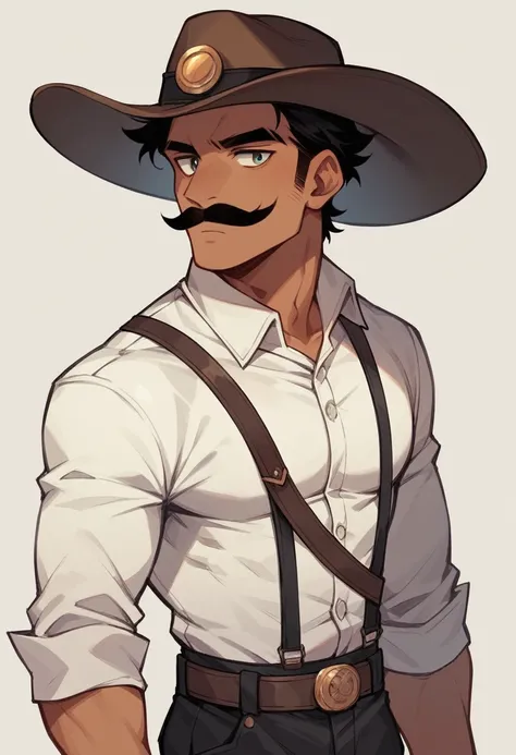 1 man, tan skin, black hair, tapered slick back hairstyle, black charro outfit, curly moustache, black cowboy hat