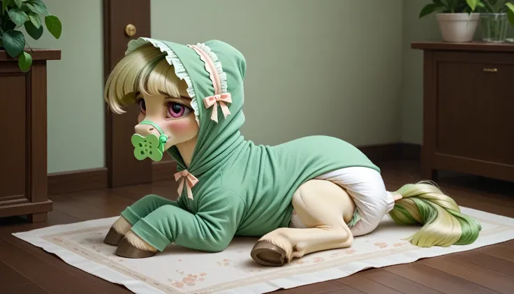 pony, beige earth pony, no horn, no wings, adult mare, lush mane braided, bushy tail, sitting in the room on a soft play mat, dressed in green onesie, light green bonnet and green booties, green pacifier in mouth, solo, thick light green diaper under cloth...