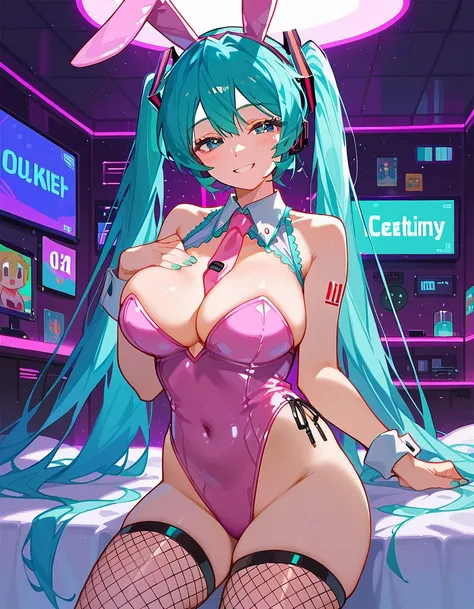 score_9, score_8_up, score_7_up, score_6_up, BREAK, source_anime, 1girl, hatsune_miku, large breasts, fishnet stockings, pink leotard, bunny ears, cowboy shot, smile, half closed eyes, looking at viewer, solo, indoors, futuristic bedroom,