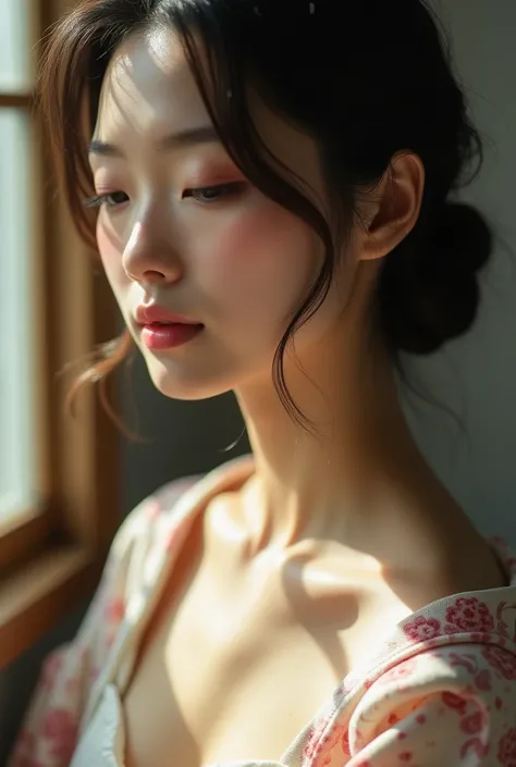 An elegantly dressed Japanese woman in natural light、A close-up of her chest and calm expression.、It shows her inner peace and outer charm.。