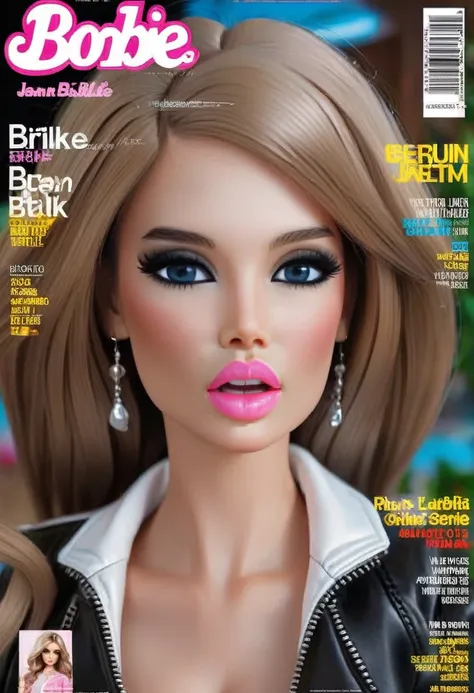 magazine cover,, god-like quality, godly art, long hair barbie, big eyes,, full lips, thick lips,(wearing black leather jacket),...