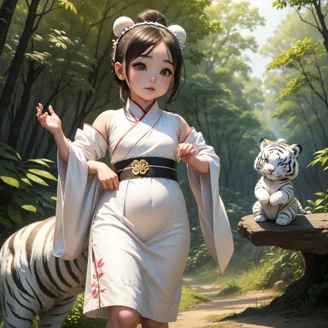 A  chibi baby girl with two buns on her head and a white hanfu dress, as cute and chubby as a  on a Chinese calendar,playing with the white tiger in the forest.