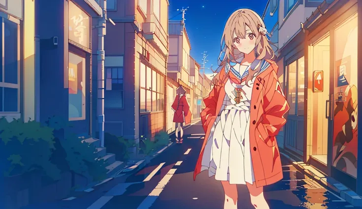 Anime girl in a red coat standing on a downtown street, Cute girl anime visual, Anime style 4 k, Anime cute art style, Anime style. 8K, Kyoto Animation Style, standing on a city street, anime art wallpaper 8 k, Young anime girl, visual novel key visual, An...