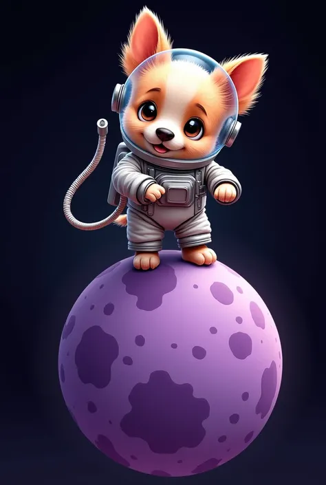 An adorable little dog wearing a shiny astronaut suit with a transparent helmet, pumping away above a stylized purple moon. The moon has craters and textures, and the background is a deep black, creating a contrast that makes both the dog and the moon stan...