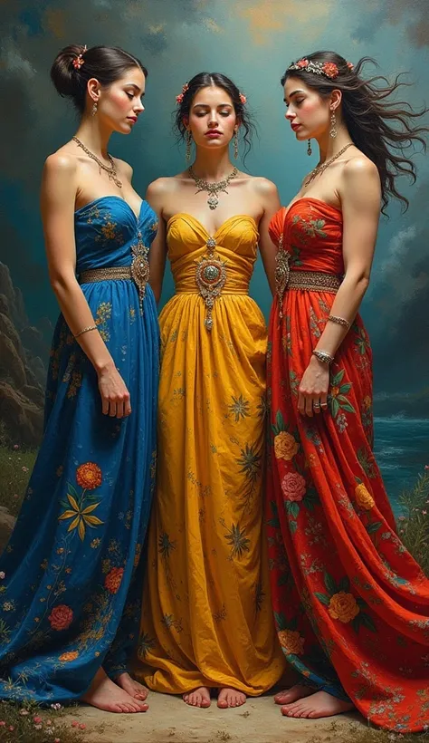 (((a thick textured oil painting, impasto brushstrokes, dry brushing))) ,((Paletteknife Oil painted harmonic colors)), ((Three female Albina goddess gown, staring at each other)), ((Full body)), lots of jewelry, ((Hard Dynamic Poses)), (((womens , short ha...