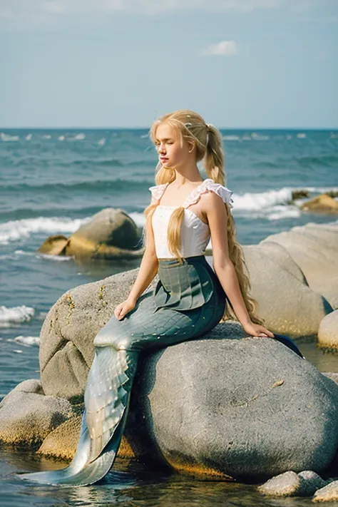 (((Girl child, , 15 years, schoolgirl, tall, slender figure, blonde hair))) (((wavy very long hair in two ponytails))) (((shell bodice))) (((A mermaid))) (((fairy tale character))) (((on a rock by the sea))) (((fish tail instead of legs)))