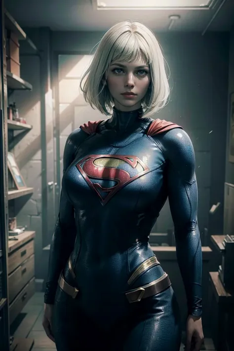 a beautiful girl with short white hair, wearing a tight supergirl costume with long sleeves, huge breasts,perfect body,wide hips...