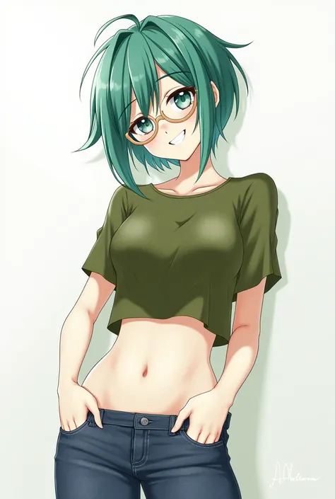 Masterpiece, best quality, 1girl, solo, 23 years old, adult, teal and green hair, messy hair, asymmetrical hair, ahoge, very short hair, aqua eyes, medium breasts,  toned, 167cm, pale skin, glasses, grin, olive green shirt, jeans, midriff peek,