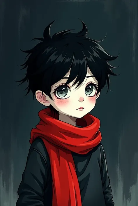 2d boy, black hair, gray eyes, white skin, dark background, red scarf