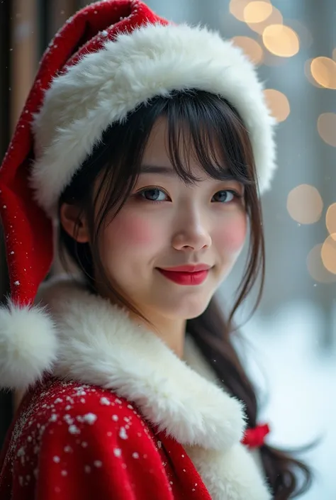 A japanese woman in santa claus costume, smile,beautiful detailed eyes, droppy eyes,beautiful detailed lips, extremely detailed face and hair, long eyelashes, intricate detailed fabric textures, santa hat, christmas lights, snowy winter background, (best q...