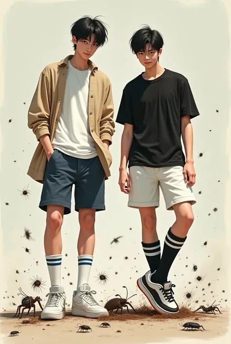 2 handsome asian male teenagers with tall and slim bodies and black hair. 1st asian wears a white t shirt with a beige cardigan, long white socks with 2 blue stripes on it, and white air force ones. 2nd wears a black t shirt, white shorts, long black socks...