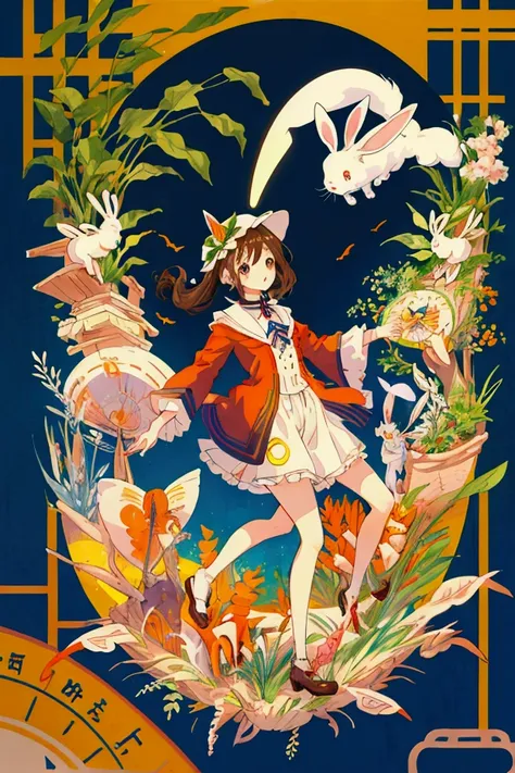 Anime illustration、masterpiece、high quality、rabbit、White Rabbit、灰色rabbit、Carrot field、Lots of rabbits、Carrot fieldにパクパク食べる、Summer Entrance Cloud、Watering the plants with a sprinkler、Sparkling、The girls are having fun、Brown Hair、Aoime、Black eyelashes、Accura...