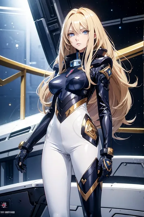 Anime style female character inspired by vintage space opera aesthetics, with elongated facial features, 165 cm tall, having blond, waist-length, wavy hair with V bangs, and blue eyes. She is wearing tight skinny jeans with high boots over them, adding an ...