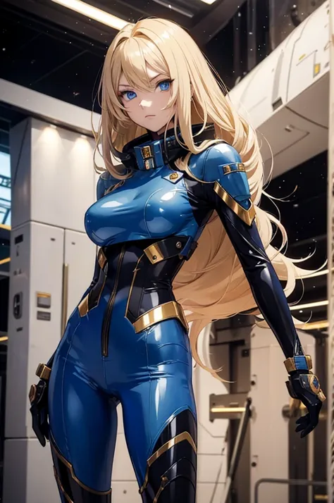 Anime style female character inspired by vintage space opera aesthetics, with elongated facial features, 165 cm tall, having blond, waist-length, wavy hair with V bangs, and blue eyes. She is wearing tight skinny jeans with high boots over them, adding an ...