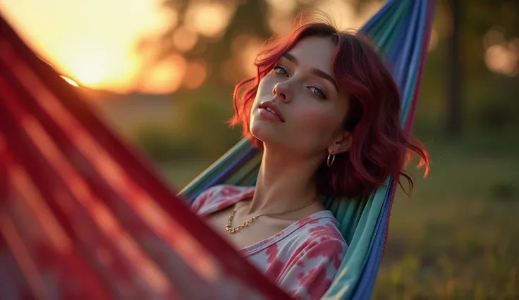 young woman full frame, resting in a hammock, by Madison Beer, open shirt, Ava Max, short silver hair, long dark red hair, inspired by Annabelle Ayres, surprised look, Bust with beautiful neck, Hailee Steinfeld, gorgeous, tie dye. The dawn highlights the s...