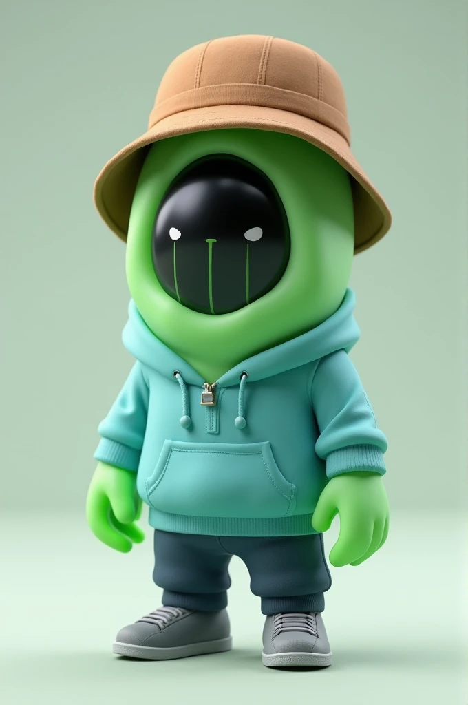 a green humanoid slime that is green with a darker part on the center of his head, semitransparent, blue hoodie, dark blue pants, gray shoes, brown bucket hat, vertical lines for eyes and mouth