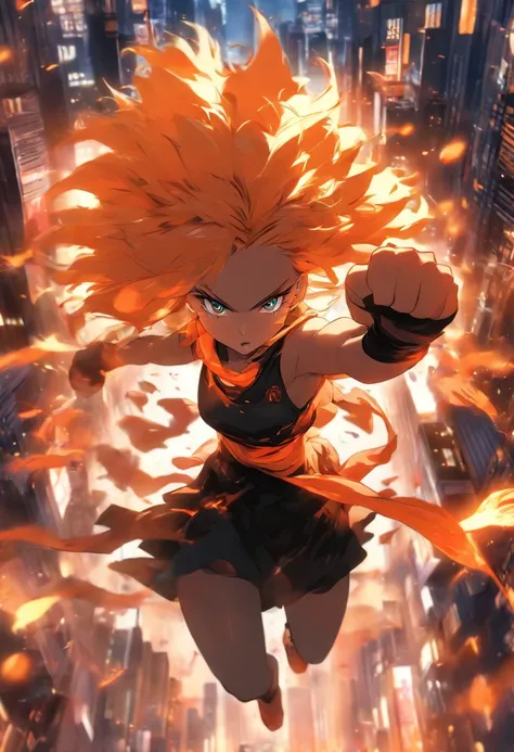 orange, white and black dress、bionde、Shortcuts、Curly hair、Spirit、ambition、Raise your fist、Intimidation、Blow away、roar、Martial Woman、Highest quality、Collapsed cityscape、night、Orange stole fluttering in the wind、Orange, white and black outfit、full power