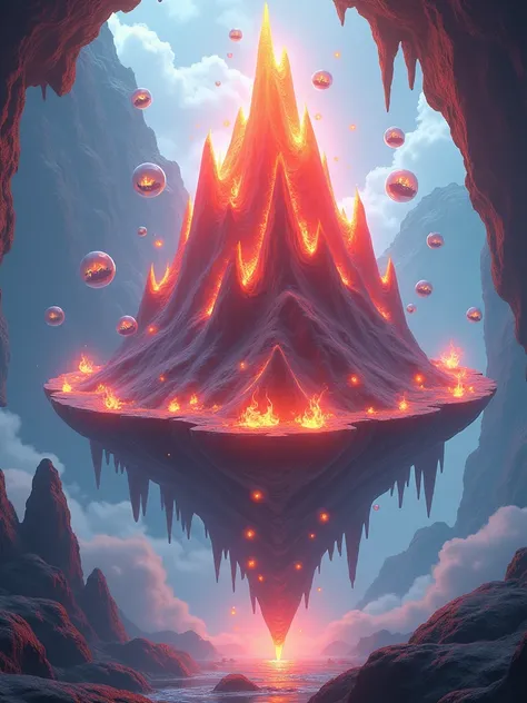 Masterpiece, best quality, high resolution, Red flame mountain, suspended, with bubbles with scenes floating on it, transparent bottom, UI interface, mini game scenes, image quality 4K,