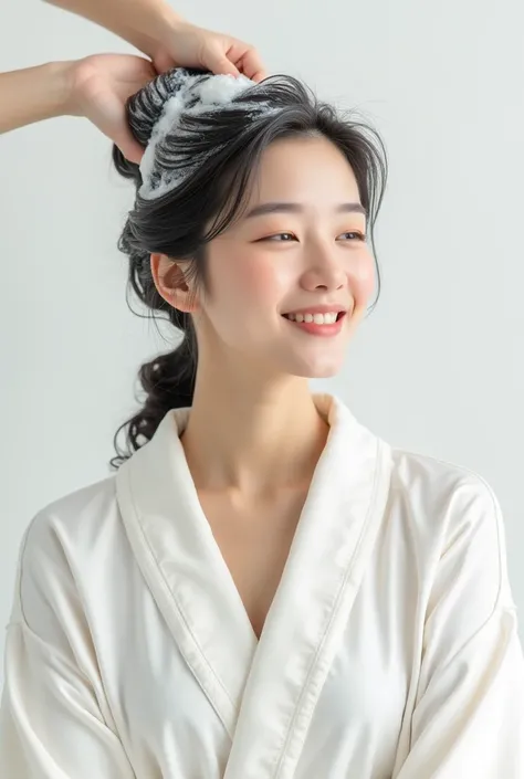 Create an Asian middle-aged beauty，Wearing a white satin bathrobe，Scratching the scalp with both hands，Two hands washing hair on top of head，There is a lot of foam on the head，Foam wrap head，Realistic foam，The expression is happy，Upper Body，The characters ...