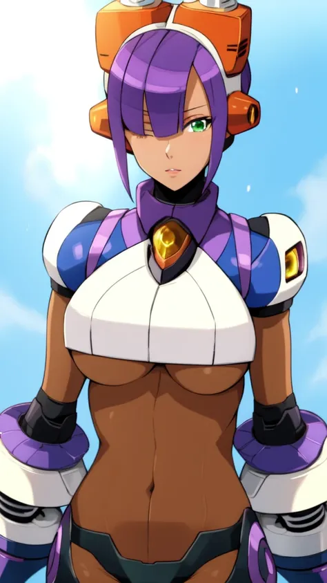 layer_megamanx, 1girl, solo, short hair, purple hair, green eyes, blunt bangs, hair over eyes, large breasts, dark skin, dark-sk...