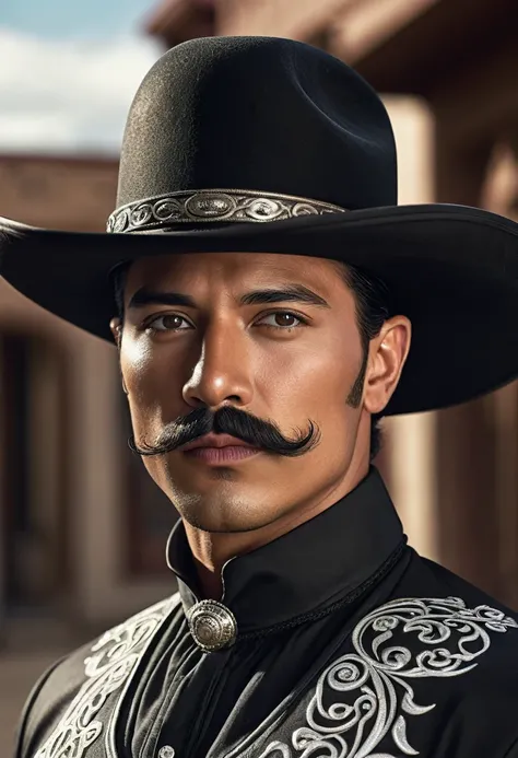 1 man, tan skin, black hair, tapered slick back hairstyle, black charro outfit with white color accents, curly handlebar mustache, black cowboy hat, extremely detailed face and eyes, highly detailed, portrait, photo-realistic, hyperrealistic, dramatic ligh...