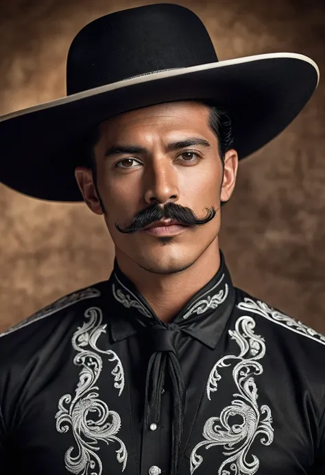 1 man, tan skin, black hair, tapered slick back hairstyle, black charro outfit with white color accents, curly handlebar mustache, black cowboy hat, extremely detailed face and eyes, highly detailed, portrait, photo-realistic, hyperrealistic, dramatic ligh...