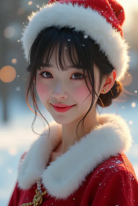 A japanese woman in santa claus costume, smile,beautiful detailed eyes, droppy eyes,beautiful detailed lips, extremely detailed face and hair, long eyelashes, intricate detailed fabric textures, santa hat, christmas lights, snowy winter background, (best q...