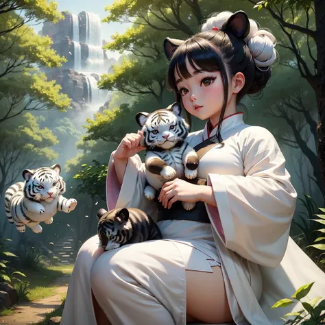 A  chibi baby girl with two black buns on her head and a white hanfu dress, as cute and chubby as a  on a Chinese calendar,playing with the white tiger in the forest,two bear, A hawk flies in the sky in the distance.