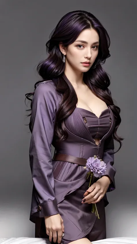 masterpiece, best quality,  one woman, official, busty, cowboy shot, looking at viewer, cinematic light, dark purple hair, hair ...