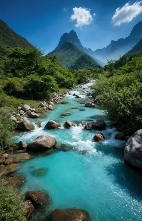 The stream water is turquoise and clear，There are some mountains behind,Clouds and mist
