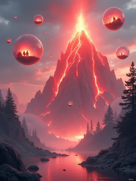 Masterpiece, best quality, high resolution, The red flame mountain is at the bottom of the picture, with bubbles with scenes floating on it, and the bottom is transparent. UI interface, mini game scenes, image quality 4K,